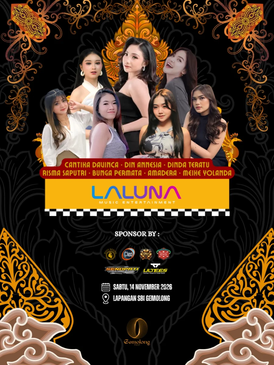 Poster line up resmi Gemolong Fest 2026: Cantika Davinca, Din Annesia, Dinda Teratu, Risma Saputri, Bunga Permata, Ama Dera, dan Meike Yolanda bersama Laluna Music Entertainment